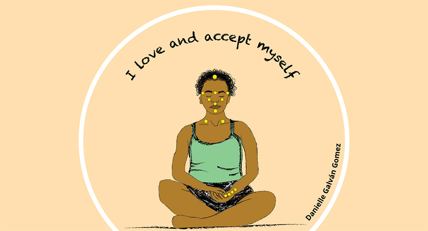 Artwork depicting a woman meditating with the words 'I love and accept myself' above her head