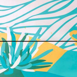 A Graphic representation of an aloe plant and two live oak trees on a desert landscape